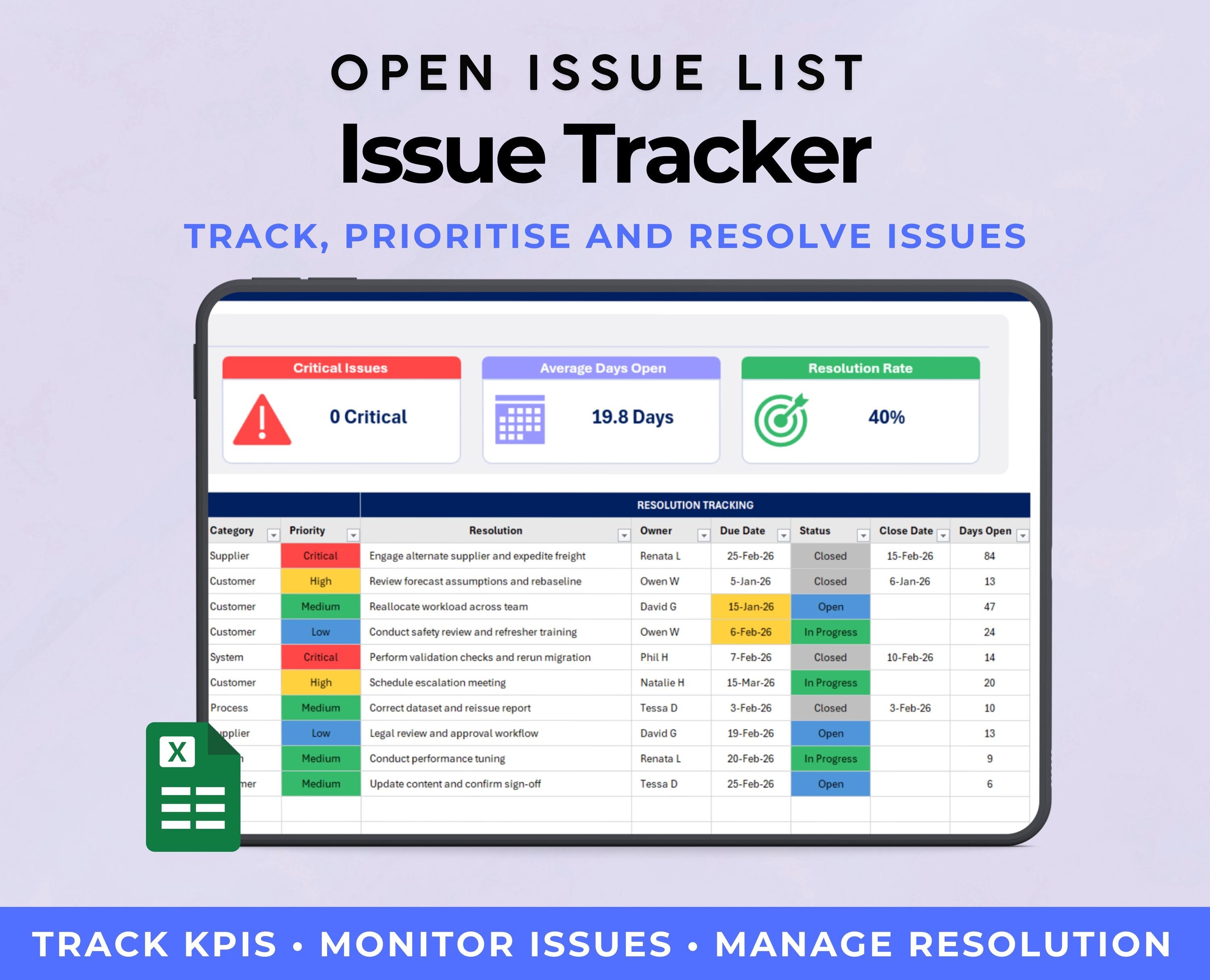 Issue Tracker Excel Template | Project Issue Log & Action Tracker | KPI ...