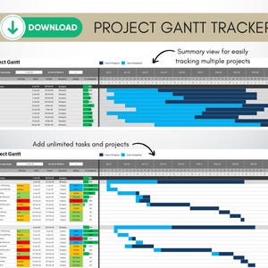 May include: A project management template featuring a Gantt chart for tracking tasks and projects. The chart includes a summary view for easily tracking multiple projects. The template is designed to help users add unlimited tasks and projects.