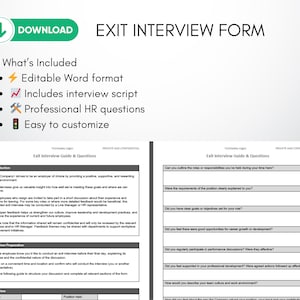 Exit interview template, exit interview form, HR offboarding template, employee exit interview, exit interview questions, interview script, editable Word document, printable HR template, employee feedback form, HR printable, business forms, staff offboarding checklist, employee experience survey, workplace feedback, human resources tools, corporate templates, employee resignation interview, HR questionnaire, digital download form, small business HR, employee turnover, personnel exit procedure