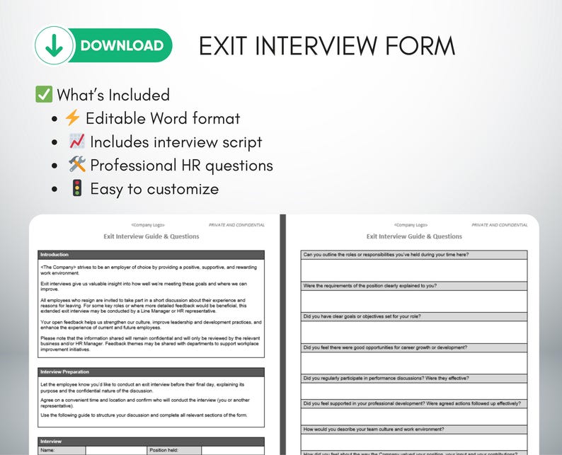 Exit interview template, exit interview form, HR offboarding template, employee exit interview, exit interview questions, interview script, editable Word document, printable HR template, employee feedback form, HR printable, business forms, staff offboarding checklist, employee experience survey, workplace feedback, human resources tools, corporate templates, employee resignation interview, HR questionnaire, digital download form, small business HR, employee turnover, personnel exit procedure