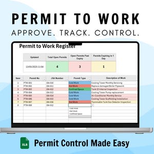 May include: A laptop screen displays a Permit to Work Register with data, including permit numbers, JSA numbers, and permit types. The text "PERMIT TO WORK" is at the top, with "APPROVE. TRACK. CONTROL." below it. The bottom reads "Permit Control Made Easy."