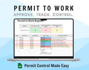 Permit to Work Register Template | Excel Safety Permit Tracker | Contractor Compliance Log | Audit Tool | Maintenance Planning