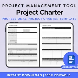 Op de afbeelding: Een digitale project charter template weergegeven op een tablet. De template bevat secties voor projectinformatie, scope en deliverables. De afbeelding bevat ook de tekst "PROJECT MANAGEMENT TOOL" en "INSTANT DOWNLOAD | 100% EDITABLE".