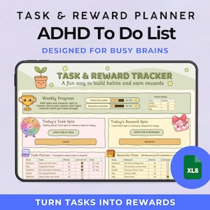 May include: A digital task and reward planner for ADHD, designed for busy brains. The planner features a weekly progress tracker, task and reward spin options, and a rewards chest. The design includes cute illustrations and the text "ADHD To Do List".