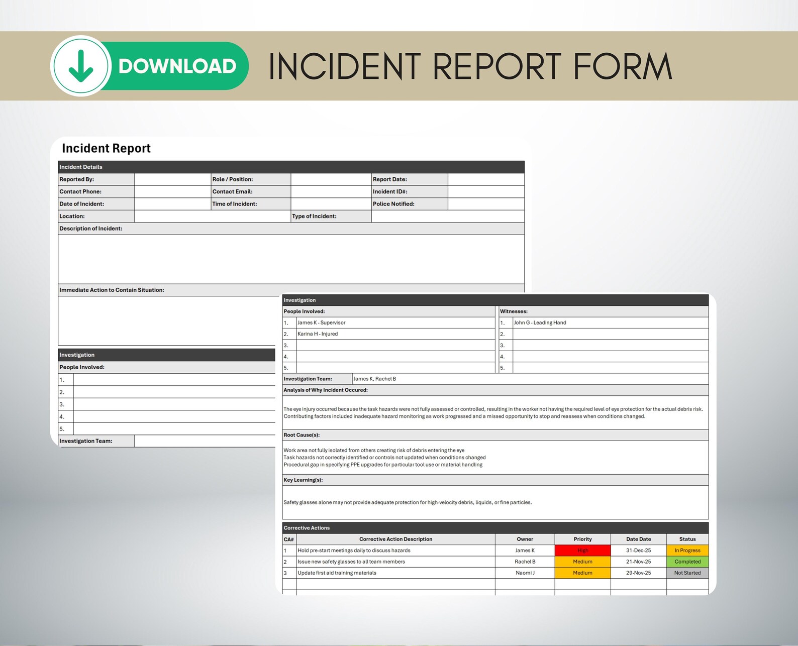 Safety Incident Report Form Excel Template | Workplace Accident ...