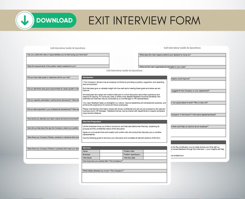 Exit interview template, exit interview form, HR offboarding template, employee exit interview, exit interview questions, interview script, editable Word document, printable HR template, employee feedback form, HR printable, business forms, staff offboarding checklist, employee experience survey, workplace feedback, human resources tools, corporate templates, employee resignation interview, HR questionnaire, digital download form, small business HR, employee turnover, personnel exit procedure