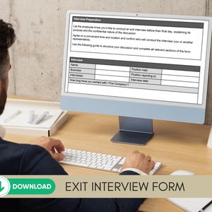 Exit interview template, exit interview form, HR offboarding template, employee exit interview, exit interview questions, interview script, editable Word document, printable HR template, employee feedback form, HR printable, business forms, staff offboarding checklist, employee experience survey, workplace feedback, human resources tools, corporate templates, employee resignation interview, HR questionnaire, digital download form, small business HR, employee turnover, personnel exit procedure