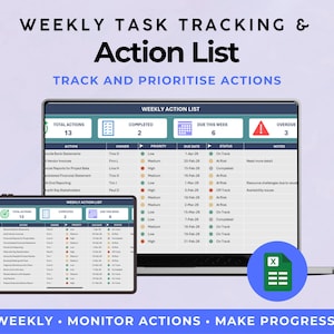 May include: A laptop and tablet display a weekly task tracking and action list. The screens show a spreadsheet with columns for action items, owners, priority, due dates, and status. The text at the top reads "Weekly Task Tracking & Action List."