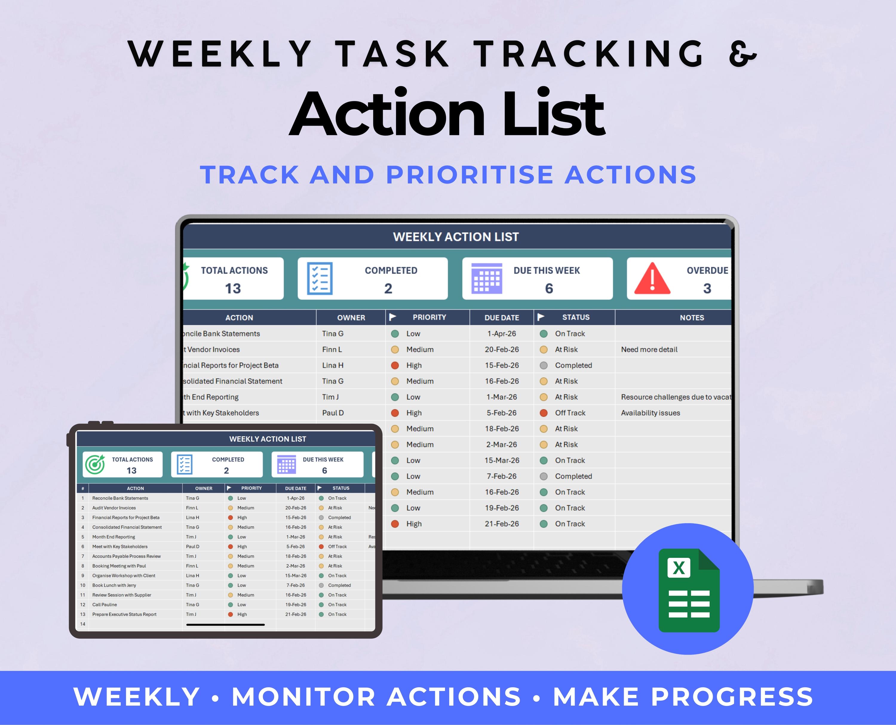 Weekly Action List Excel Template | Action Log & Task Tracker | Team ...