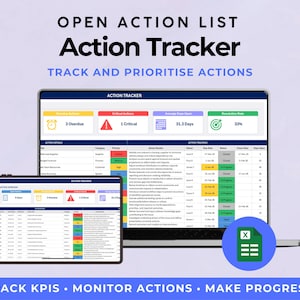 Puede incluir: Un rastreador de acciones digital que se muestra en una computadora portátil y una tableta. La pantalla muestra una hoja de cálculo con datos, incluidos elementos vencidos y críticos. El texto dice "Action Tracker" y "Track and Prioritise Actions."