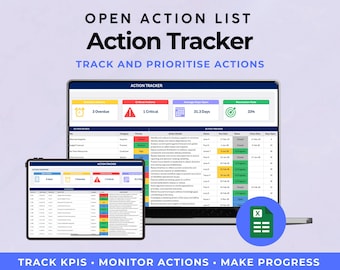 May include: A digital action tracker displayed on a laptop and tablet. The screen shows a spreadsheet with data, including overdue and critical items. The text reads "Action Tracker" and "Track and Prioritize Actions."