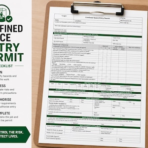 May include: A clipboard with a Confined Space Entry Permit checklist. The checklist includes sections for planning, assessing risks, authorizing entry, and completing the job. A black pen and a small plant are also visible.