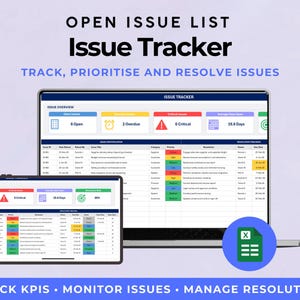 Puede incluir: Un portátil y una tableta que muestran una interfaz de "Issue Tracker" con visualizaciones de datos. La pantalla muestra un diseño similar a una hoja de cálculo con el texto "Open Issue List" y "Track, Prioritise and Resolve Issues". La imagen también incluye el texto "Track KPIs, Monitor Issues, Manage Resolution".