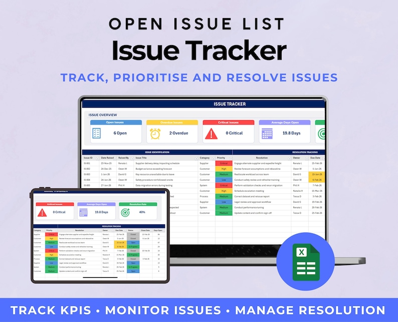 Issue Tracker Excel Template | Project Issue Log & Action Tracker | KPI ...