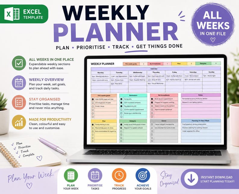 Weekly Planner Template | Goal Setting & Productivity Tracker | Time ...
