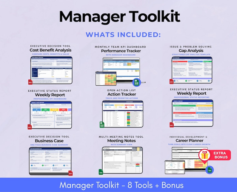 Manager Toolkit Bundle | Dashboard, Status Report, Meeting Tracker ...