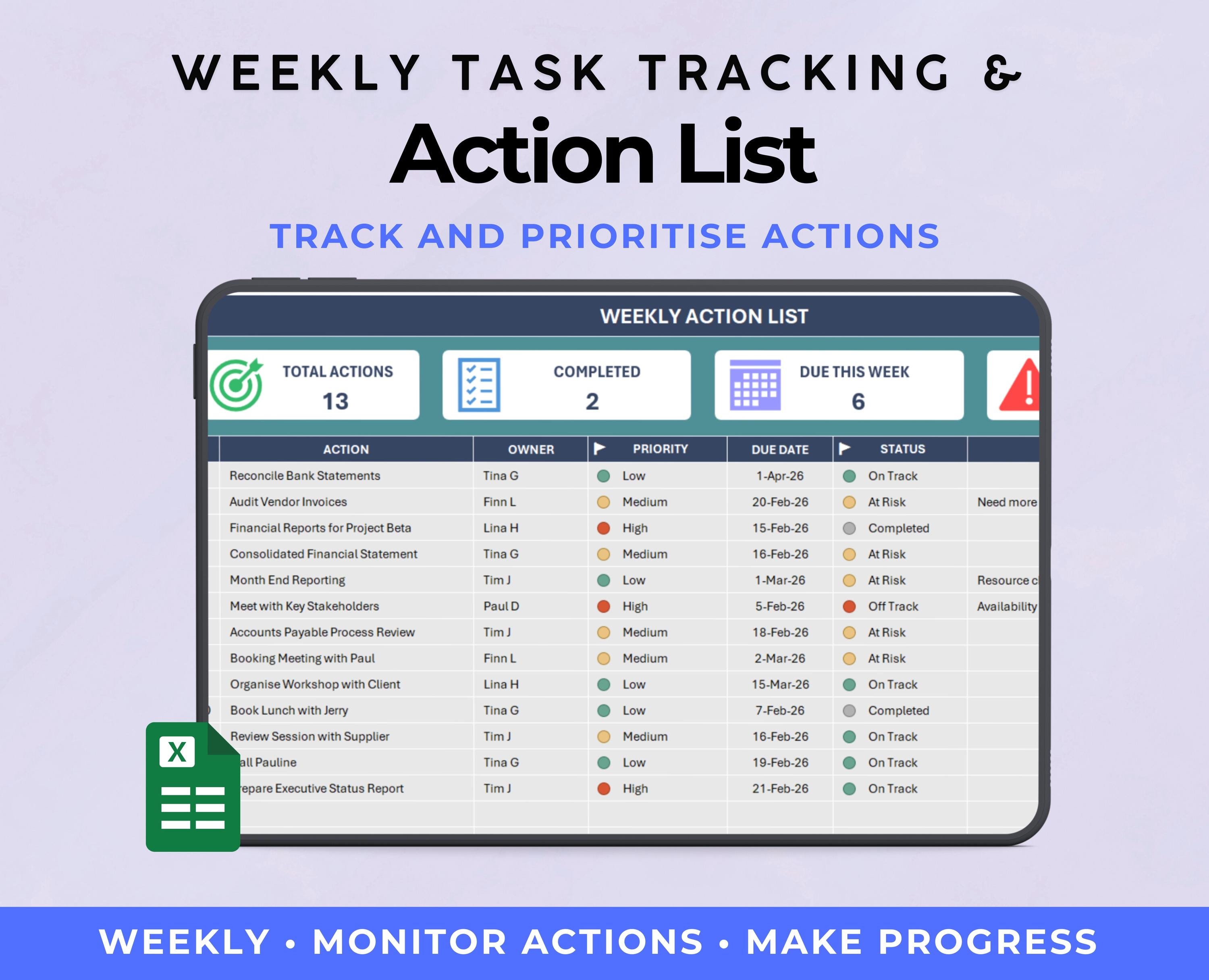 Tasking Tracker Log Weekly Action List Excel Template | Action Log & Task Tracker | Team ...