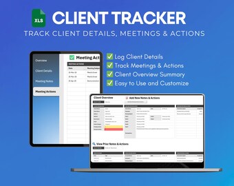May include: A digital client tracker displayed on a tablet and laptop screen. The text reads "CLIENT TRACKER" and "TRACK CLIENT DETAILS, MEETINGS & ACTIONS." Features include logging client details, tracking meetings, and a client overview summary.
