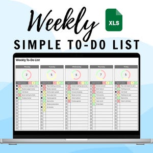 Op de afbeelding: Een wekelijkse takenlijst-sjabloon op een laptopscherm. De sjabloon is verdeeld in vijf kolommen voor elke dag van de week: maandag, dinsdag, woensdag, donderdag en vrijdag. Elke kolom bevat een cirkel met een nummer, dat het aantal taken voor die dag aangeeft. De sjabloon bevat een sectie voor "To Do's" met selectievakjes voor elke taak.