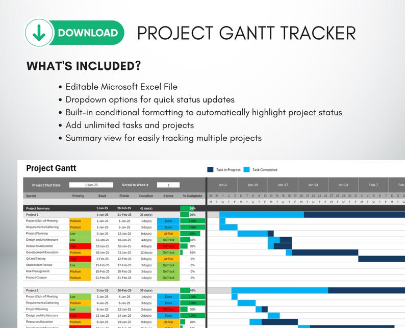 Project Gantt Template: Excel Project Timeline Task Tracker (digital ...