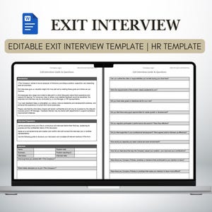 May include: A laptop screen shows an "Exit Interview" template. The document, titled "Exit Interview Guide & Questions," is open in a Word document. It includes sections for introduction, interview preparation, and a series of questions.