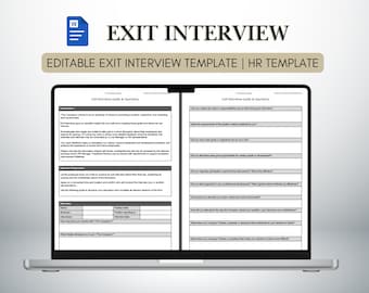 May include: A laptop displays an "Exit Interview" template. The screen shows a Word document with the title "Exit Interview Guide & Questions." The document includes sections for introduction, interview preparation, and questions.