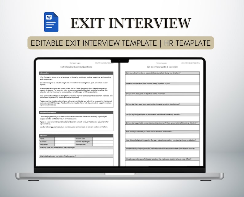 Exit interview template, exit interview form, HR offboarding template, employee exit interview, exit interview questions, interview script, editable Word document, printable HR template, employee feedback form, HR printable, business forms, staff offboarding checklist, employee experience survey, workplace feedback, human resources tools, corporate templates, employee resignation interview, HR questionnaire, digital download form, small business HR, employee turnover, personnel exit procedure