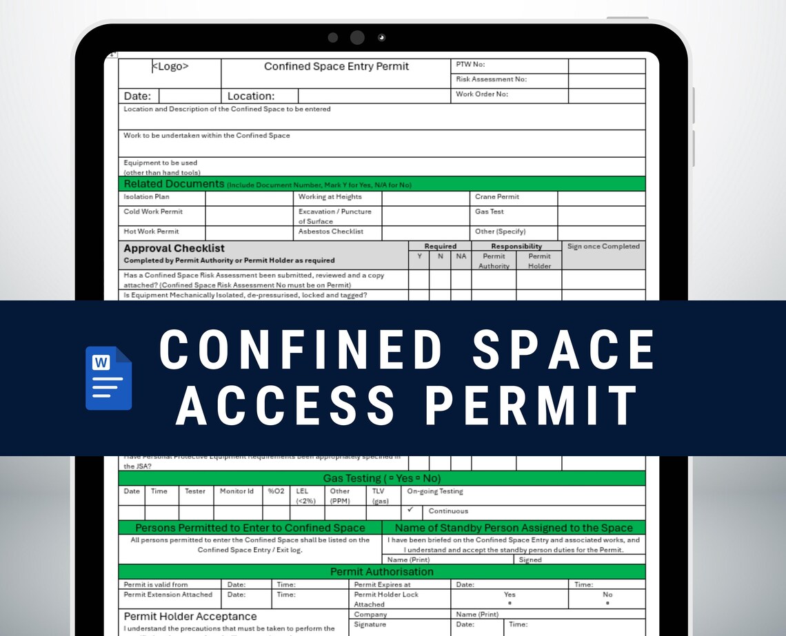 Confined Space Access Permit Form: Workplace Safety Template (word ...