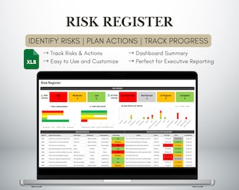 May include: A laptop computer screen displaying a risk register spreadsheet with a green, yellow, and red colour scheme. The spreadsheet includes columns for risk status, risk consequence, risk likelihood, action status, risk profile by group, and risk action management. The spreadsheet is titled "Risk Register".