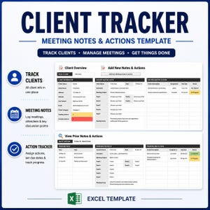 Client Tracker Excel Template | Customer Management Spreadsheet, Meeting Notes, CRM & Action Tracker