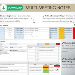 Meeting Agenda & Notes Template | Excel Template | Multi Meeting Action ...