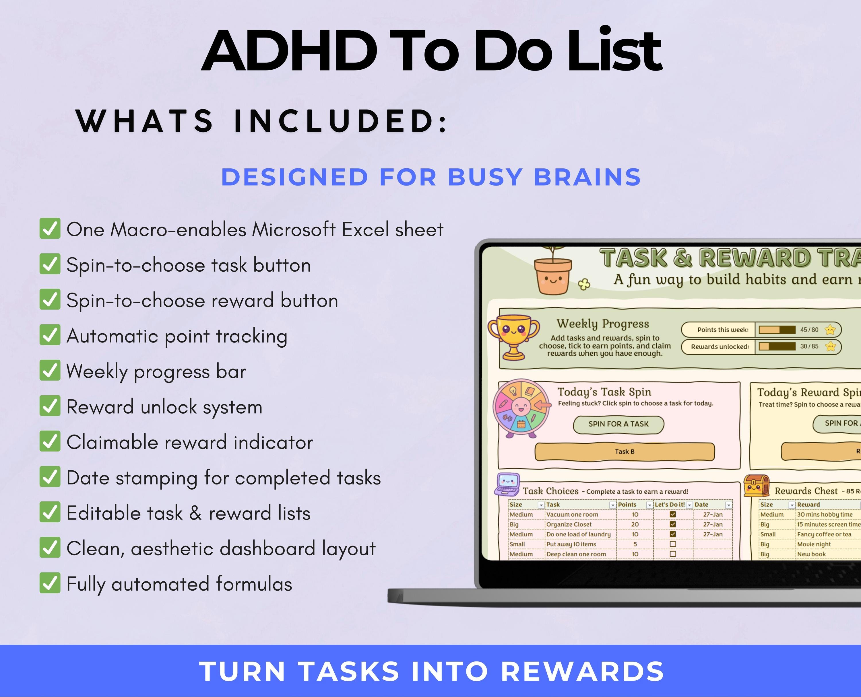 Gamified Task ADHD Planner Excel | Gamified Task & Reward System | Priority Task List ...