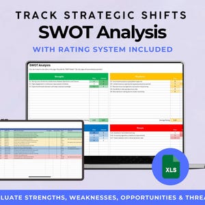 Op de afbeelding: Een laptop en tablet tonen een SWOT-analyse spreadsheet met een beoordelingssysteem. De tekst bovenaan luidt "Track Strategic Shifts SWOT Analysis With Rating System Included". De tekst onderaan luidt "Evaluate Strengths, Weaknesses, Opportunities & Threats."