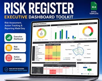 Executive Project Risk Dashboard Template | Excel Risk Register | Action & Mitigation Tracker | PMO Reporting | Risk Matrix