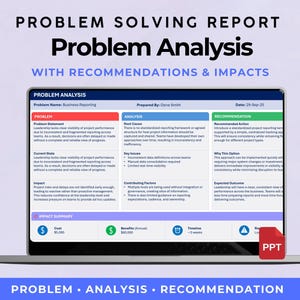 May include: A laptop displays a "Problem Solving Report" with "Problem Analysis" and "Recommendations & Impacts." The report includes sections on problem statements, analysis, and recommendations, with a PPT icon visible.