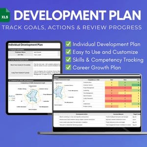 Może przedstawiać: Laptop i tablet wyświetlają szablon planu rozwoju. Tytuł "DEVELOPMENT PLAN" znajduje się na górze, a pod nim tekst "TRACK GOALS, ACTIONS & REVIEW PROGRESS". Plan zawiera sekcje dotyczące celów, umiejętności i rozwoju kariery.