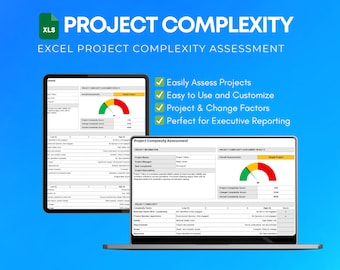 May include: A digital display of a project complexity assessment on a tablet and laptop. The screen displays a spreadsheet with a circular progress indicator. Text includes "Project Complexity" and "Excel Project Complexity Assessment."