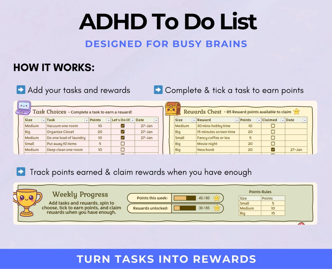 Gamified Task ADHD Planner Excel | Gamified Task & Reward System | Priority Task List ...