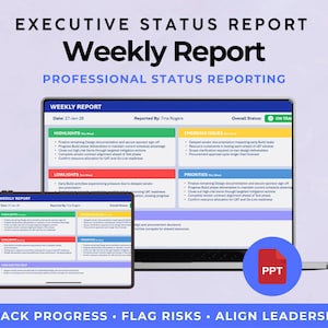 Puede incluir: Una pantalla digital de un informe de estado semanal, con el título "Weekly Report" y el texto "Executive Status Report". El informe incluye secciones para aspectos destacados, aspectos negativos, problemas emergentes y prioridades. El informe se muestra en una tableta y un portátil.