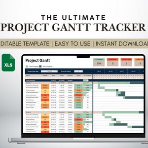 May include: A laptop screen displaying a project management Gantt chart template in an Excel spreadsheet. The chart is titled "Project Gantt" and includes columns for task name, start date, finish date, duration, priority, and status. The chart is color-coded to indicate the progress of each task. The template is editable and easy to use.