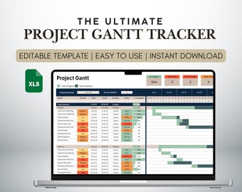 May include: A laptop screen displaying a project management Gantt chart template in an Excel spreadsheet. The chart is titled "Project Gantt" and includes columns for task name, start date, finish date, duration, priority, and status. The chart is color-coded to indicate the progress of each task. The template is editable and easy to use.