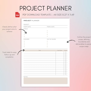 Project Planner Template, Project Management Document PDF Download, Task Tracker, Printable Project Manager Template, Digital Download