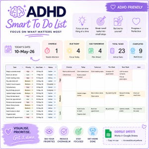May include: A digital ADHD Smart To Do List, in purple and white. It features sections for tasks, due dates, and status, with the aim of helping users visualise, prioritise, and complete tasks. The date displayed is 10th May 2026.