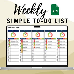 Op de afbeelding: Een laptopscherm toont een wekelijkse takenlijstsjabloon. De titel "Weekly SIMPLE TO-DO LIST" staat bovenaan. De sjabloon is verdeeld in dagelijkse secties met selectievakjes voor taken.