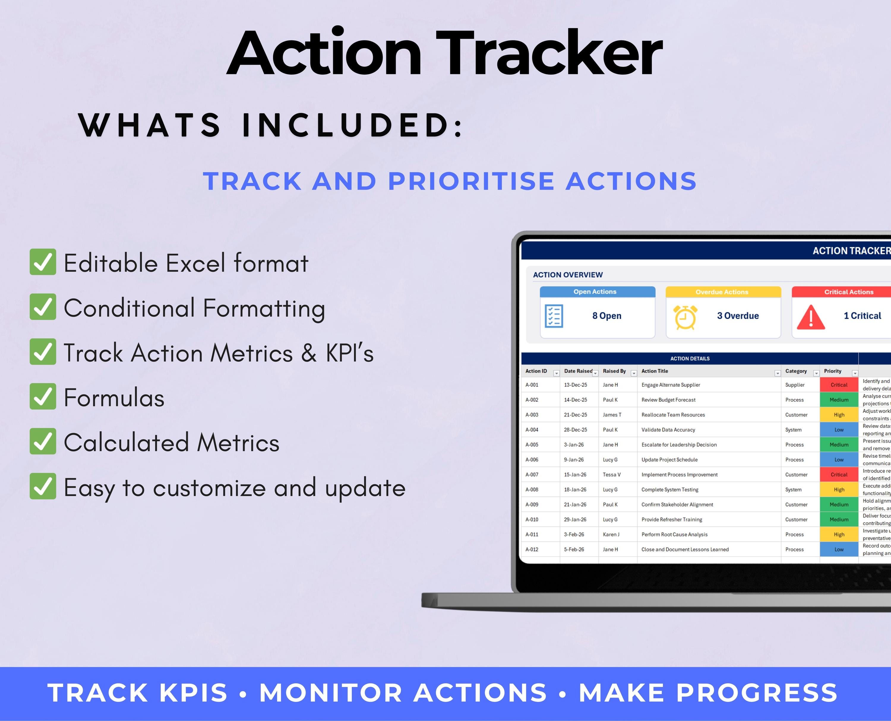 Tasking Tracker Log Action Tracker Excel Template | Action Log & Task Tracker | Team Action ...