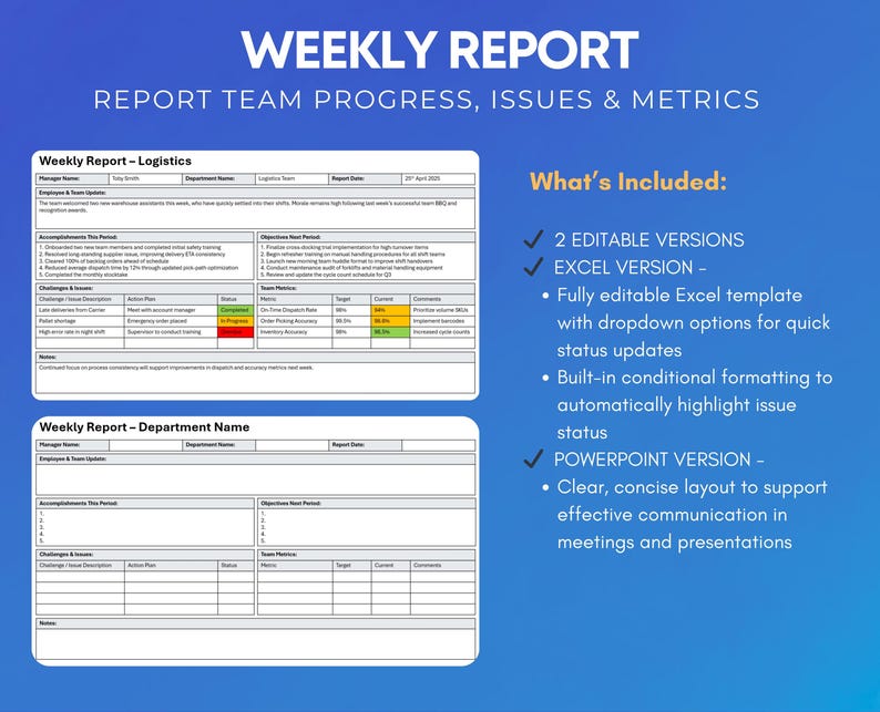 Weekly Team Update Template: Powerpoint & Excel Report (digital ...