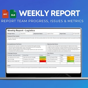 Könnte beinhalten: Ein Laptop-Bildschirm zeigt einen "Wochenbericht" für die Logistik, mit dem Titel in großem weißen Text. Der Bericht enthält Teamfortschritte, Probleme und Kennzahlen, mit Abschnitten für Erfolge, Herausforderungen und Ziele. Der Hintergrund ist ein blauer Farbverlauf.
