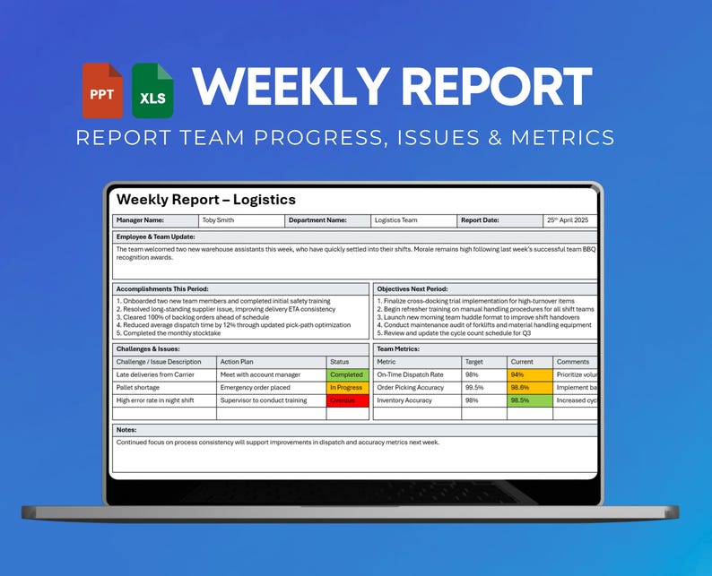 Weekly Team Update Template: Powerpoint & Excel Report (digital ...
