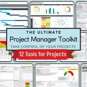Op de afbeelding: Een verzameling projectmanagementtools. De centrale tekst luidt "The Ultimate Project Manager Toolkit" met de slogan "Take Control of Your Projects". De afbeelding toont 12 tools voor projecten, inclusief grafieken en rapporten.