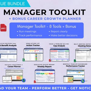 Könnte beinhalten: Ein digitales Manager Toolkit-Bundle mit einem zusätzlichen Karriereplaner. Das Bild zeigt ein blaues und weißes Design mit dem Text "Manager Toolkit - 8 Tools + Bonus". Das Toolkit enthält Tools für Meetings, Leistungstracking und Entscheidungsfindung.